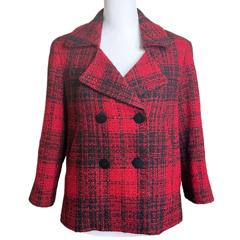 Talbots Plaid Tweed Double Breasted Wool Blend Pea Coat Red Black Women Size 8